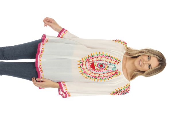 3/4 Sleeves Multi Embroidery Tunic White